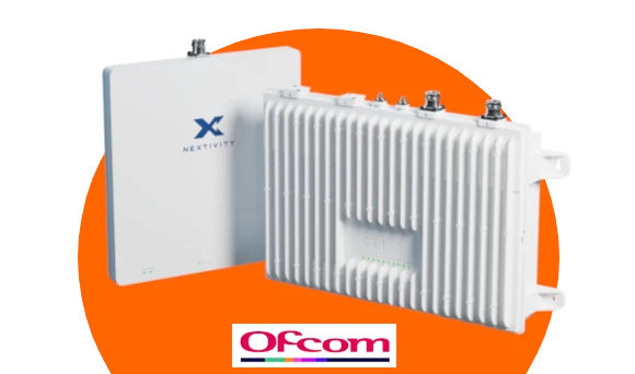 Product images of Celfi Quatra from Nextivity with Ofcom logo over orange circle.