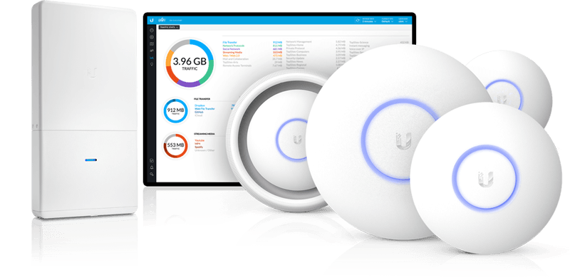 A selection of Unifi Wifi products and management screen from Ubiquiti.
